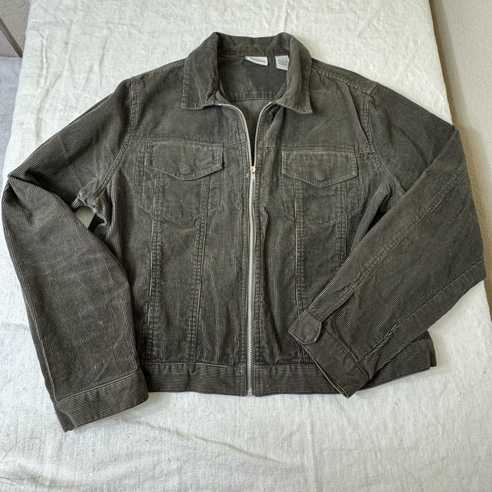 VTG Y2K Crossroads Womens Corduroy Stretch Trucker Jacket Size L Olive Green